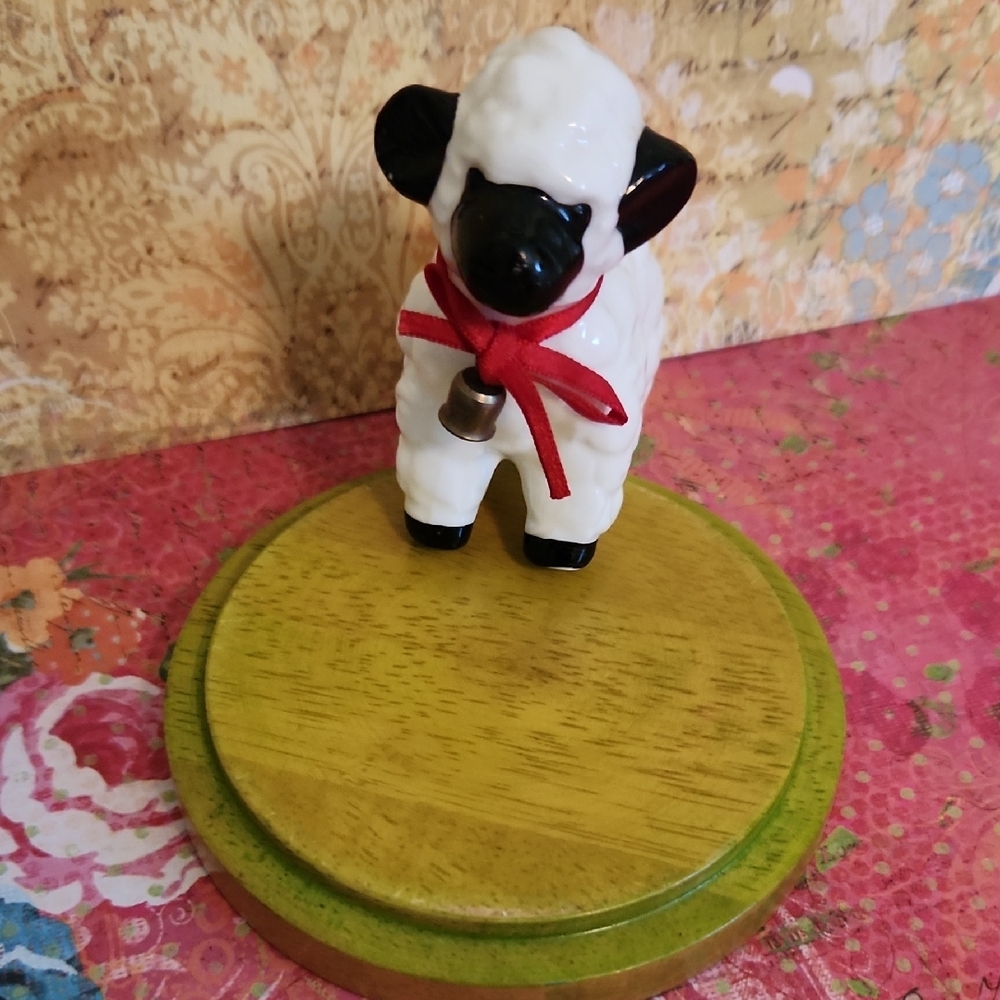 Vintage Tiny White Ceramic Lamb Figurine with Red Ribbon and Bell